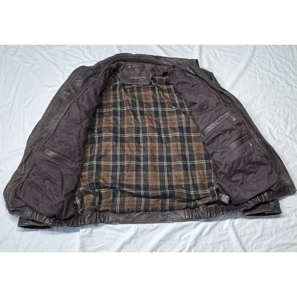VTG 80s RARE St Johns Bay Brown Leather Jacket XL Flannel‎ Blanket Lined RN93677
